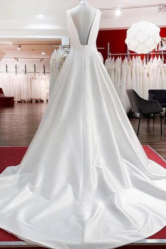 Elegant Long A-line V Neck Satin Ruffles Open Back Wedding Dresses - Image 2