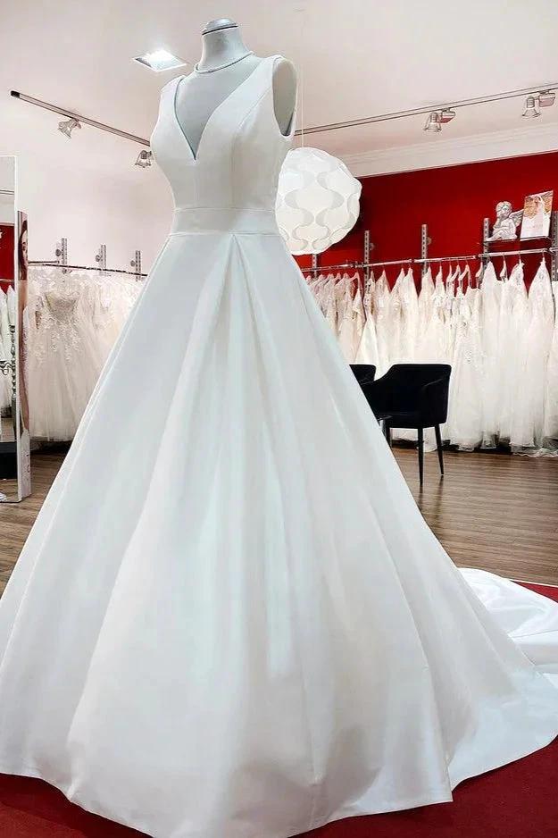 Elegant Long A-line V Neck Satin Ruffles Open Back Wedding Dresses - Image 3