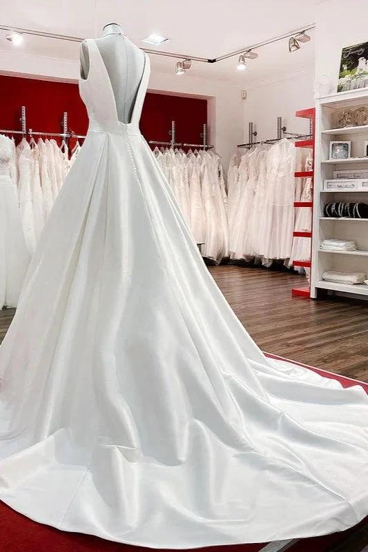 Elegant Long A-line V Neck Satin Ruffles Open Back Wedding Dresses - Image 4
