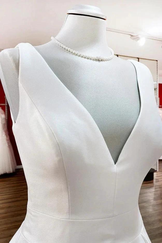 Elegant Long A-line V Neck Satin Ruffles Open Back Wedding Dresses - Image 5