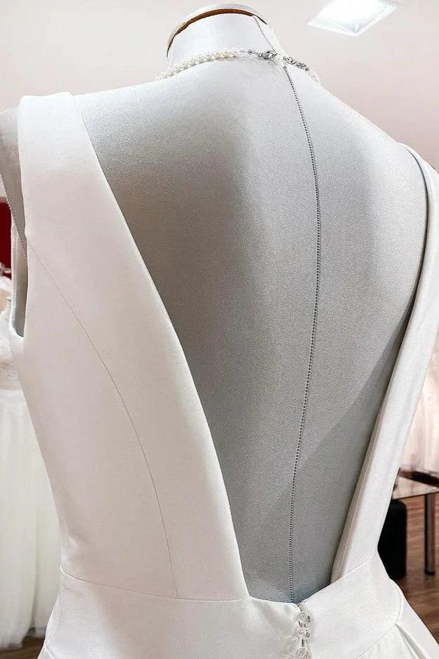 Elegant Long A-line V Neck Satin Ruffles Open Back Wedding Dresses - Image 6