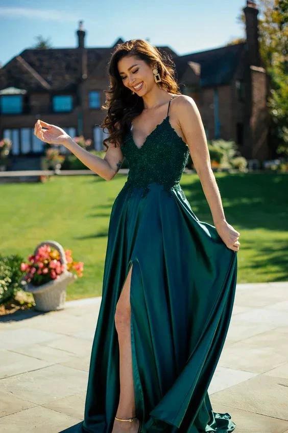 Elegant Long A-line V-neck Satin Sleeveless Prom Dress with Slit - Image 2