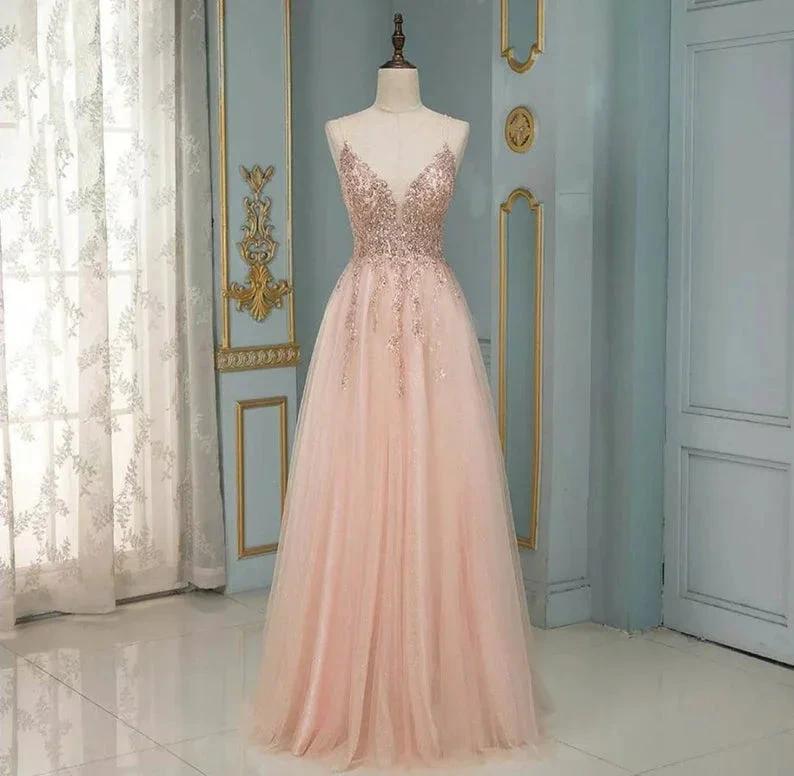 Elegant Long A-line V-neck Sequins Tulle Backless Prom Dress - Image 2