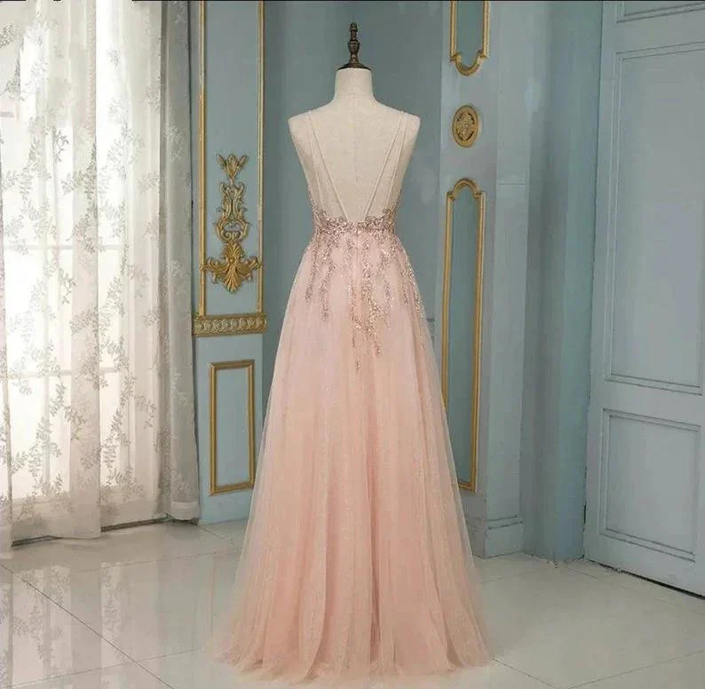Elegant Long A-line V-neck Sequins Tulle Backless Prom Dress - Image 3
