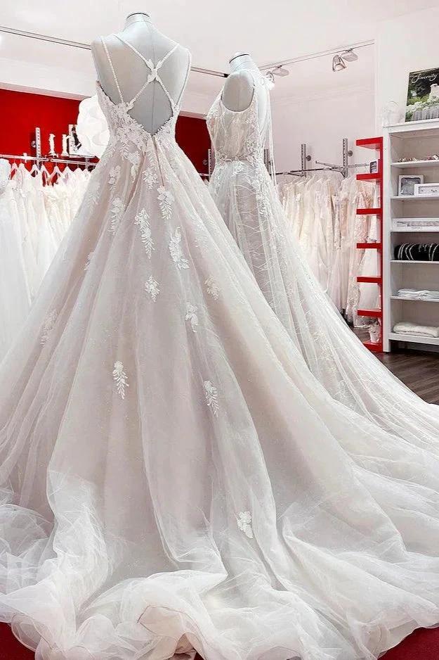 Elegant Long A-line V Neck Sleeveless Ruffles Backless Wedding Dress - Image 2