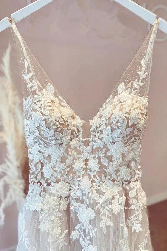 Elegant Long A-line V-neck Tulle Appliques Lace Open Back Wedding Dress - Image 2