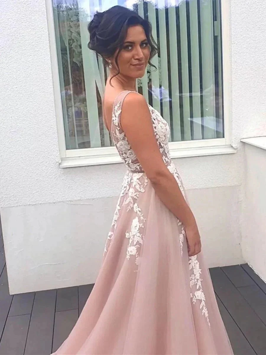 Elegant Long A-line V-neck Tulle Lace Backless Formal Graduation Prom Dresses - Image 2