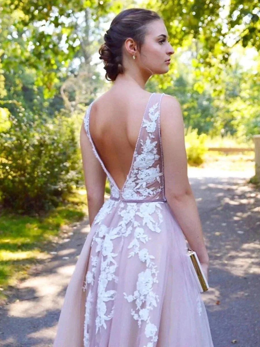 Elegant Long A-line V-neck Tulle Lace Backless Formal Graduation Prom Dresses - Image 4