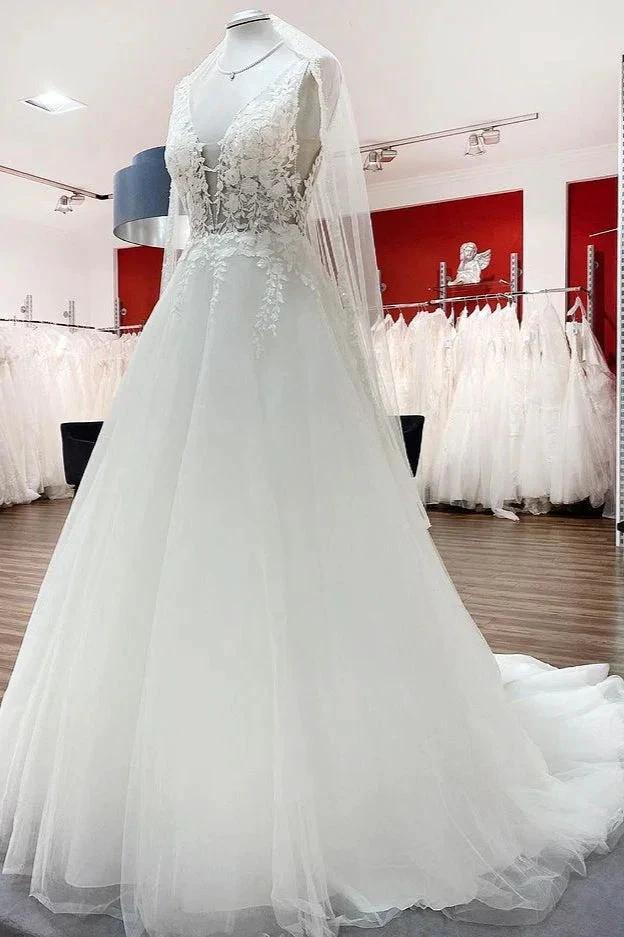 Elegant Long A-line V Neck Tulle Lace Open Back Wedding Dress - Image 2