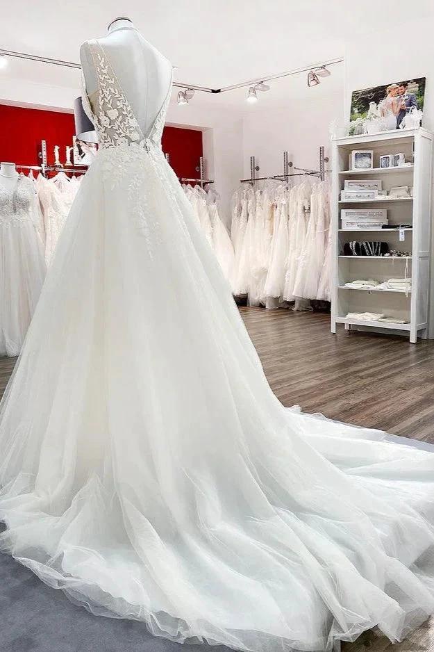 Elegant Long A-line V Neck Tulle Lace Open Back Wedding Dress - Image 3