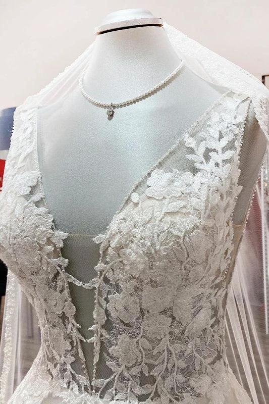 Elegant Long A-line V Neck Tulle Lace Open Back Wedding Dress - Image 4