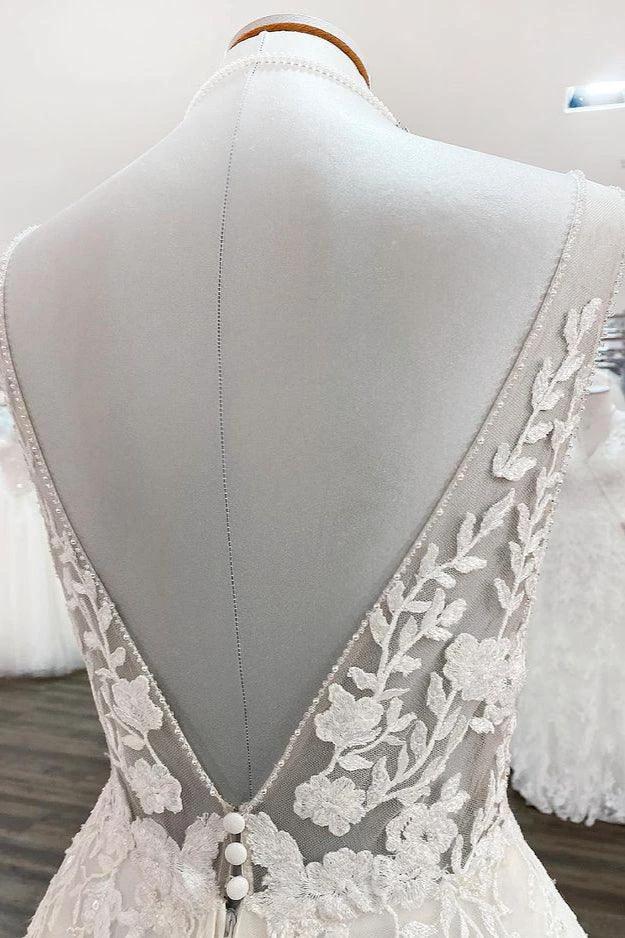Elegant Long A-line V Neck Tulle Lace Open Back Wedding Dress - Image 5