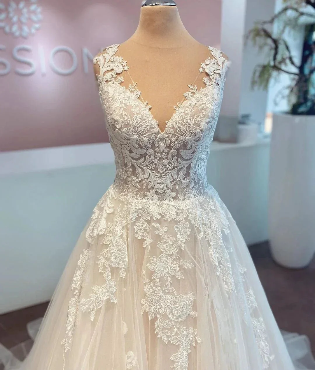 Elegant Long A-line V-neck Tulle Lace Wedding Dress - Image 4