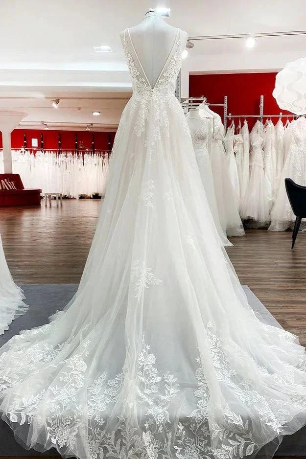 Elegant Long A-Line V Neck Tulle Spaghetti Straps Lace Wedding Dress - Image 2