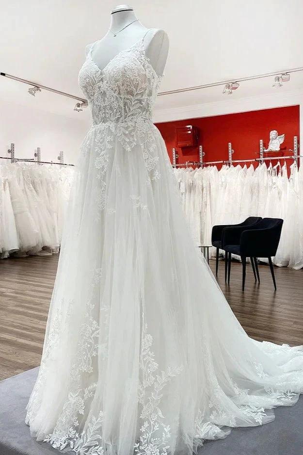 Elegant Long A-Line V Neck Tulle Spaghetti Straps Lace Wedding Dress - Image 3