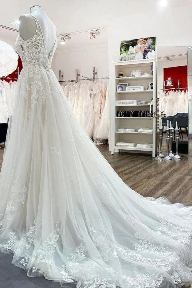 Elegant Long A-Line V Neck Tulle Spaghetti Straps Lace Wedding Dress - Image 4