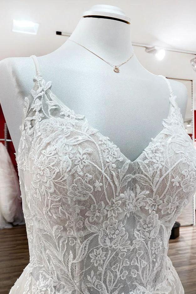 Elegant Long A-Line V Neck Tulle Spaghetti Straps Lace Wedding Dress - Image 5