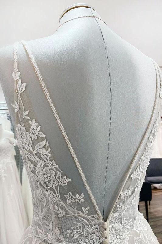 Elegant Long A-Line V Neck Tulle Spaghetti Straps Lace Wedding Dress - Image 6