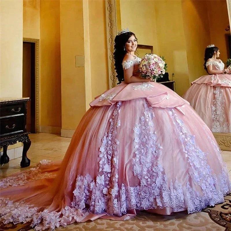Elegant Long Ball Gown Off the Shoulder Appliques Lace Tulle Quinceanera Dress - Image 3