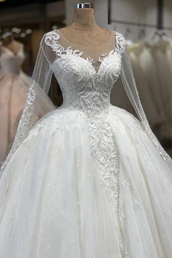 Elegant Long Ball Gown Sweetheart Tulle Wedding Dress with Sleeves - Image 3