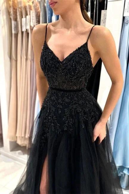 Elegant Long Black A-line Sequined Lace Prom Dresses With Slit - Image 2