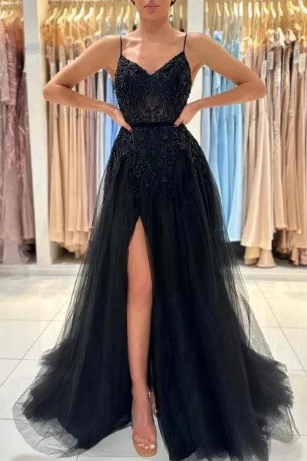 Elegant Long Black A-line Sequined Lace Prom Dresses With Slit - Image 3