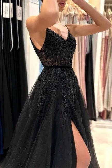 Elegant Long Black A-line Sequined Lace Prom Dresses With Slit - Image 4
