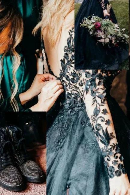 Elegant Long Black A-line V-neck Long Sleeves Wedding Dresses With Lace - Image 7