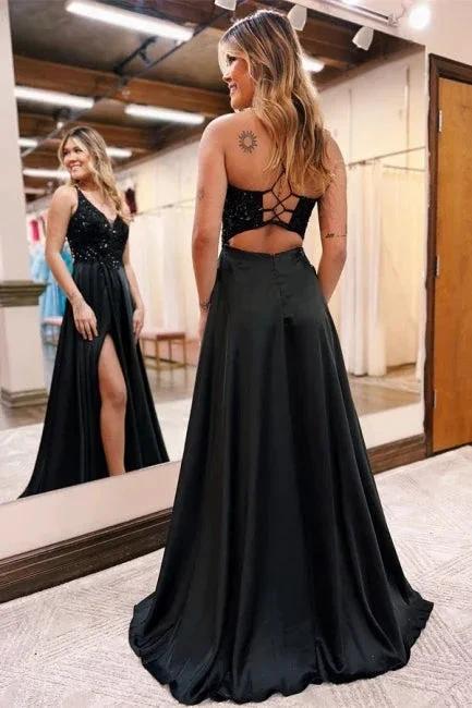 Elegant Long Black A-line V-neck Sequined Evening Dress With Glitter - Image 2