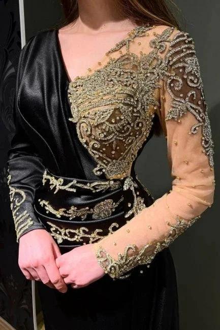 Elegant Long Black Beading Mermaid Evening Dresses With Long Sleeves - Image 2