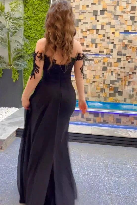Elegant Long Black Mermaid Chiffon Lace Beading Long Sleeves Prom Dress With Slit - Image 2