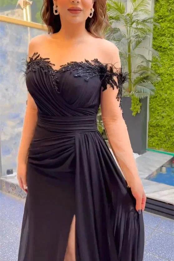 Elegant Long Black Mermaid Chiffon Lace Beading Long Sleeves Prom Dress With Slit - Image 3