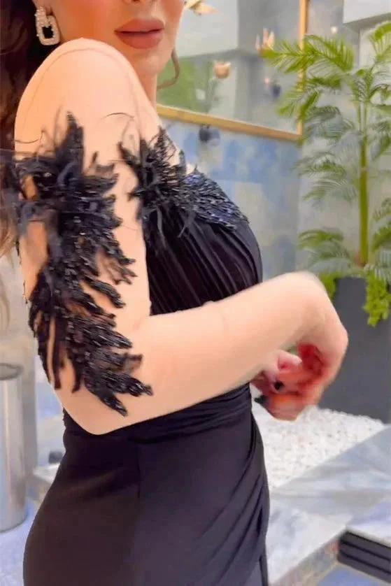 Elegant Long Black Mermaid Chiffon Lace Beading Long Sleeves Prom Dress With Slit - Image 4
