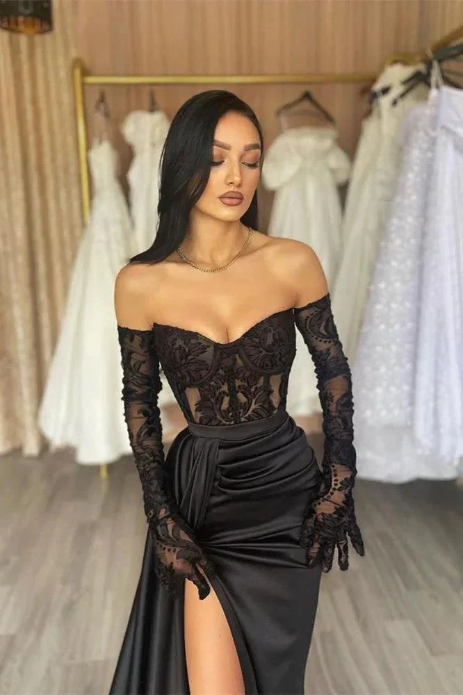 Elegant Long Black Off-the-shoulder Lace Mermaid Prom Dress With Slit - Image 2