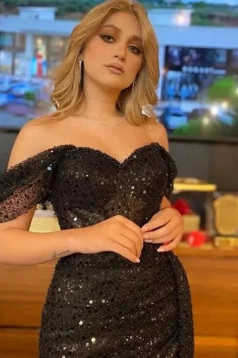 Elegant Long Black Off-the-shoulder Sequined Lace Prom Dress With Slit - Image 2