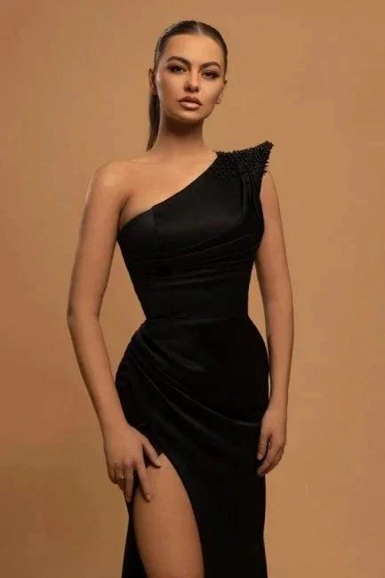 Elegant Long Black One Shoulder Mermaid Evening Dresses With Slit - Image 2