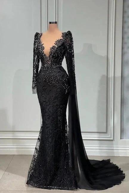 Elegant Long Black V-neck Lace Mermaid Evening Dresses With Long Sleeves - Image 2