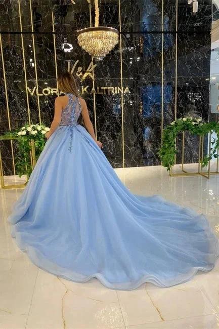 Elegant Long Blue A-line Halter Sleeveless Beading Prom Dresses With Glitter - Image 3
