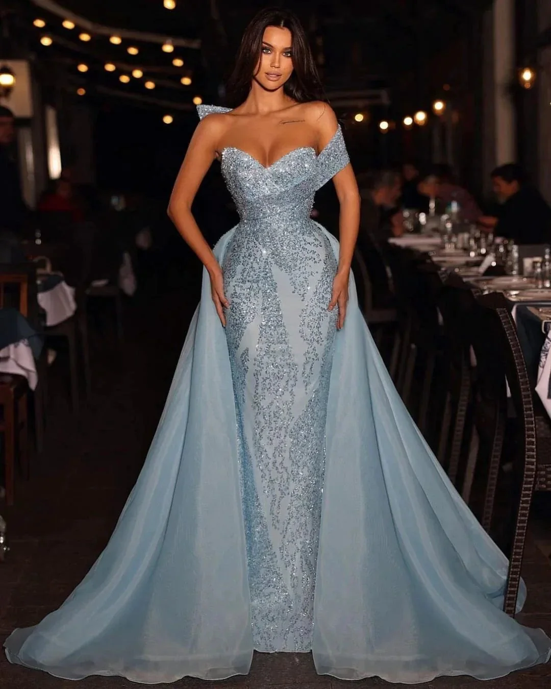 Elegant Long Blue A-line Off-the-shoulder Sleeveless Sequined Prom Dress With Detachable Train - Image 2