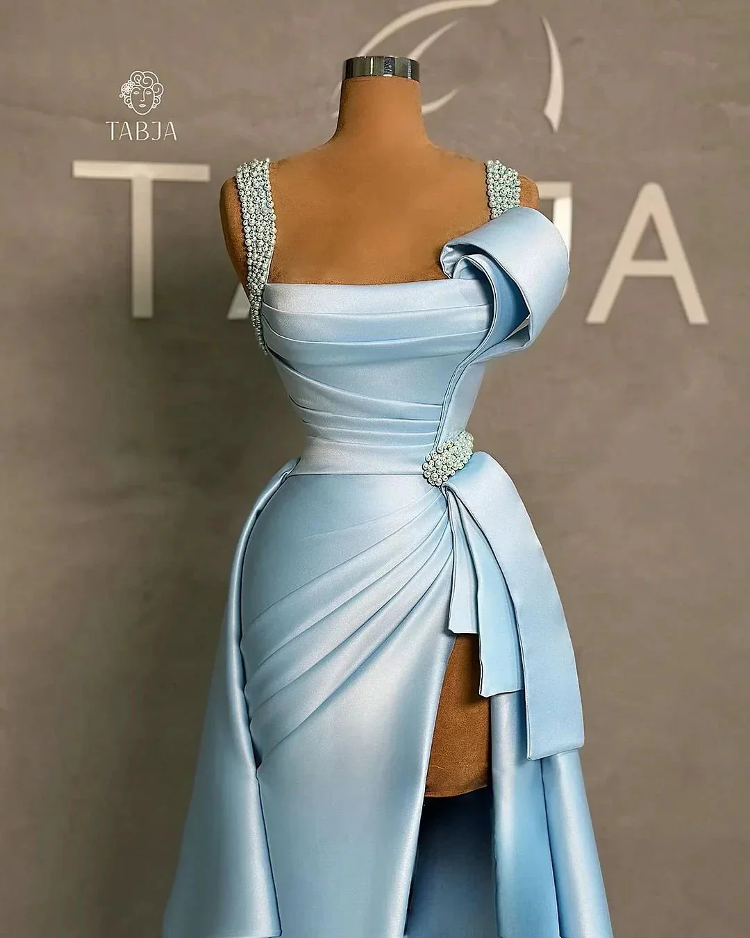 Elegant Long Blue A-line Straps Pearls Sleeveless Prom Dress With Slit - Image 2