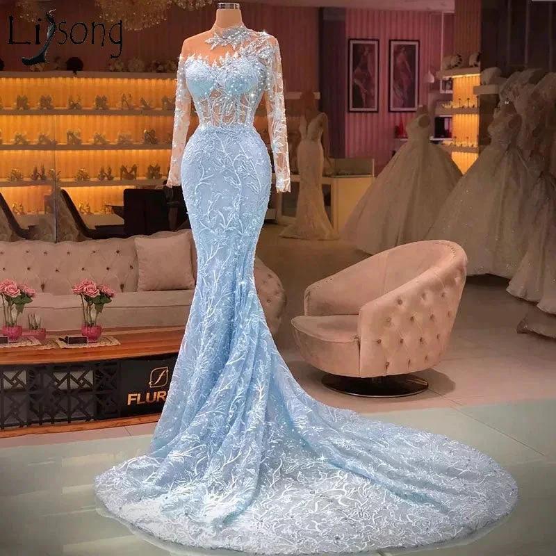 Elegant Long Blue Mermaid Long Sleeves Lace Prom Dress With Train - Image 2