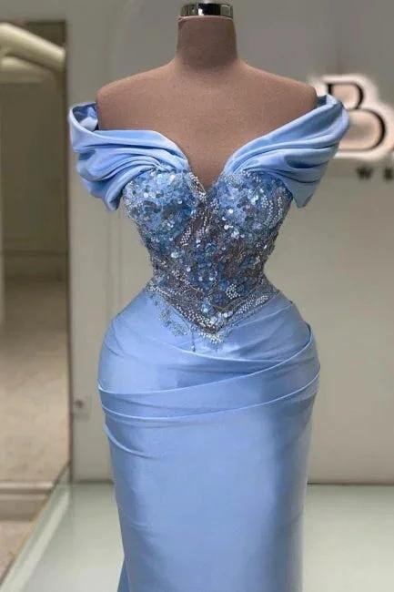 Elegant Long Blue Mermaid Off-the-shoulder Lace Beading Sleeveless Prom Dress - Image 2