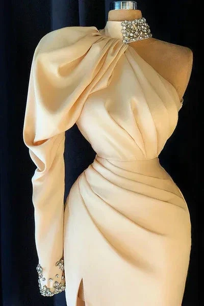 Elegant Long Champagne High Neck One Shoulder Split Prom Dress With Slit - Image 2