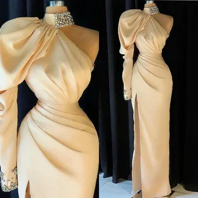 Elegant Long Champagne High Neck One Shoulder Split Prom Dress With Slit - Image 3