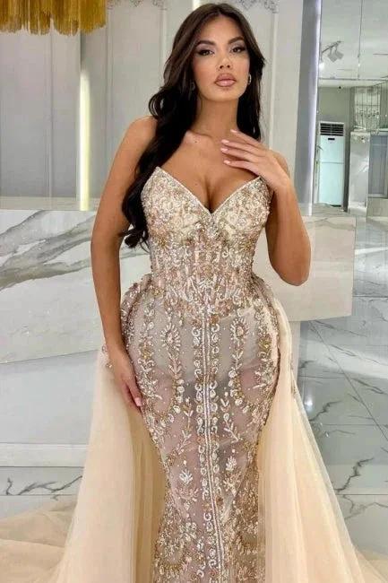 Elegant Long Champagne Mermaid Strapless Lace Glitter Prom Dress with Detachable Train - Image 2