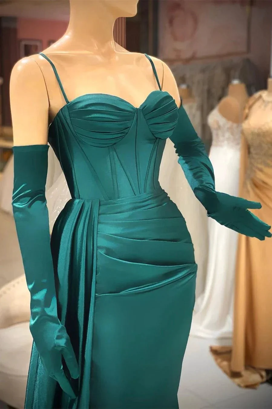 Elegant Long Dark Green Spaghetti Straps Prom Dress With Ruffles - Image 2