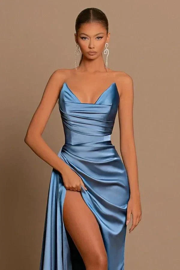 Elegant Long Dusty Blue Mermaid Sleeveless Prom Dress With Slit - Image 4