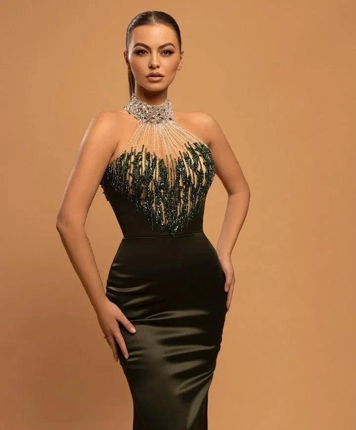 Elegant Long Halter Satin Beadings Mermaid Prom Dresses - Image 2