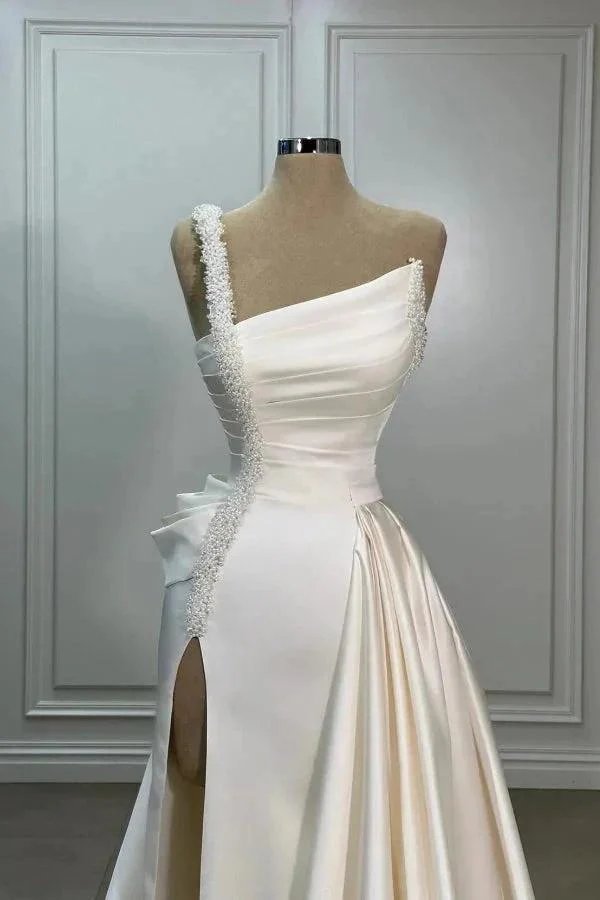Elegant Long Ivory A-line One Shoulder Pearls Satin Sleeveless Wedding Dress with Slit - Image 2