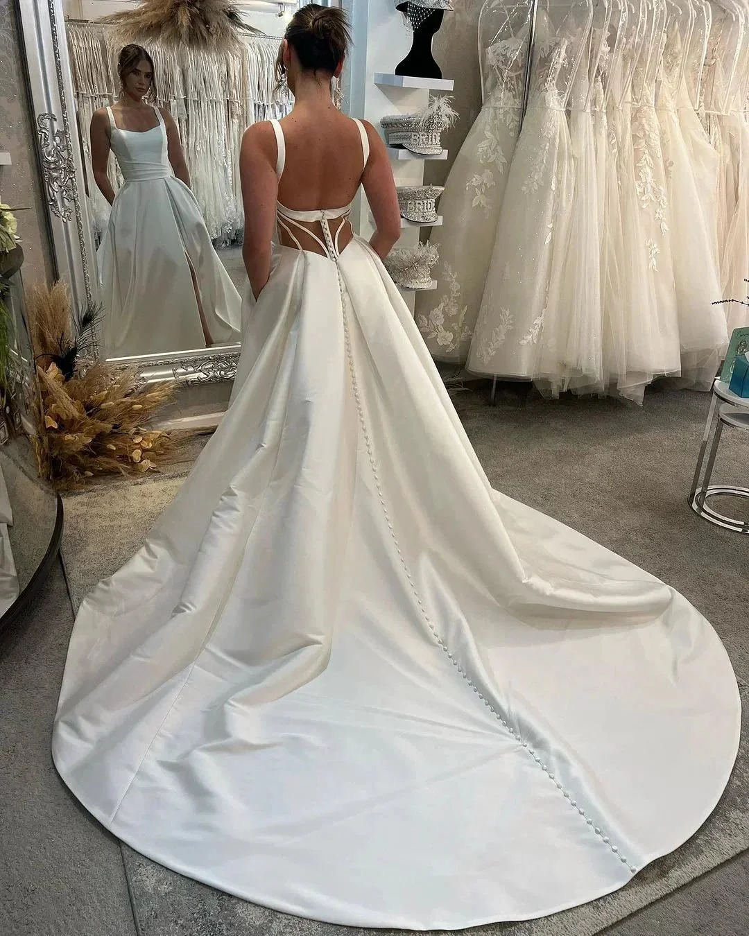Elegant Long Ivory A-line Straps Satin Sleeveless Backless Wedding Dress With Slit - Image 2